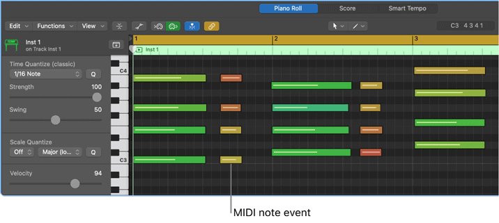 piano roll and MIDI events in Logic DAW
