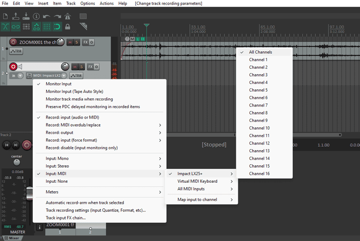 Reaper assigning track to  MIDI keyboard