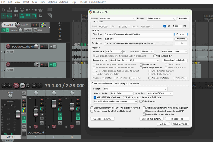 Reaper rendering a track